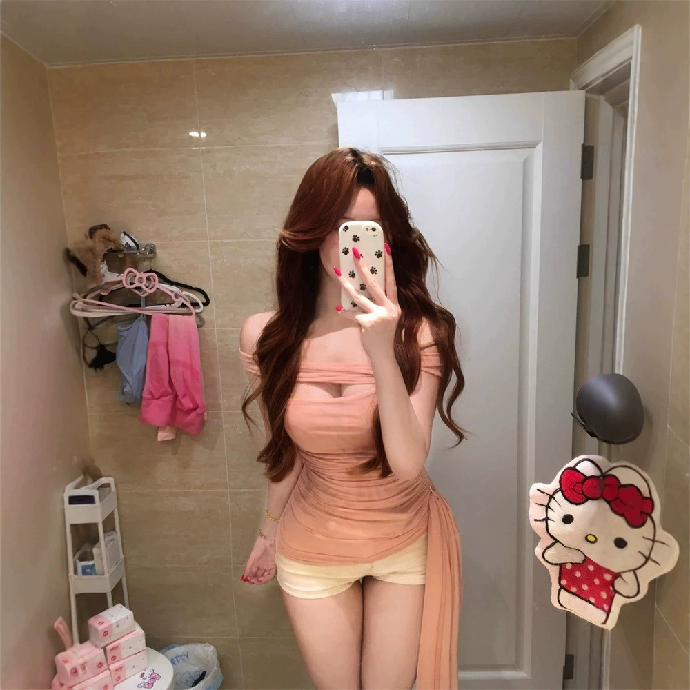ZARA Summer Mesh Fitted Light Pink Asymmetric Off Shoulder Top Women